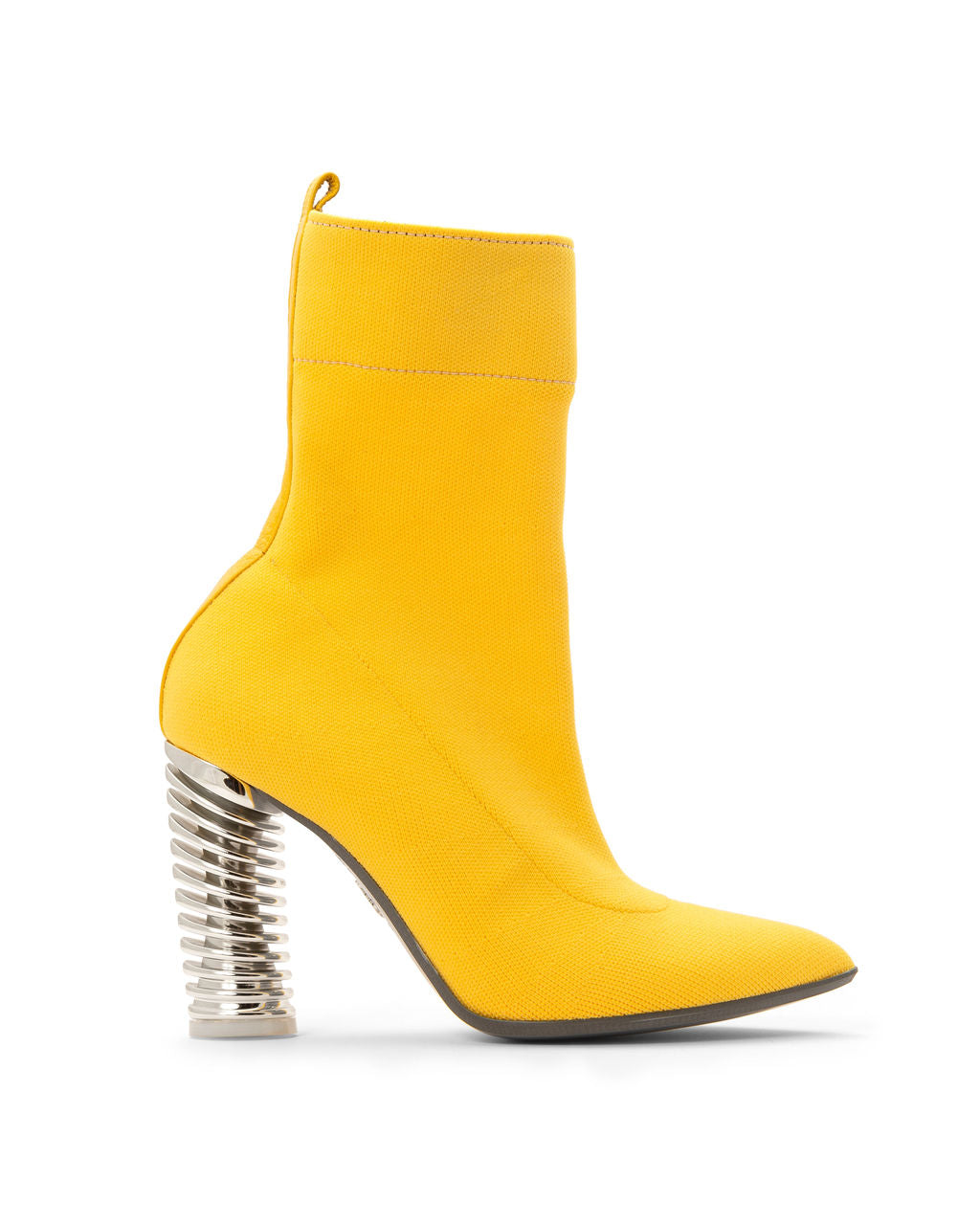Fold Over Knit Boots Banana made from Recycled Water Bottles on a Silver Swirl Cone