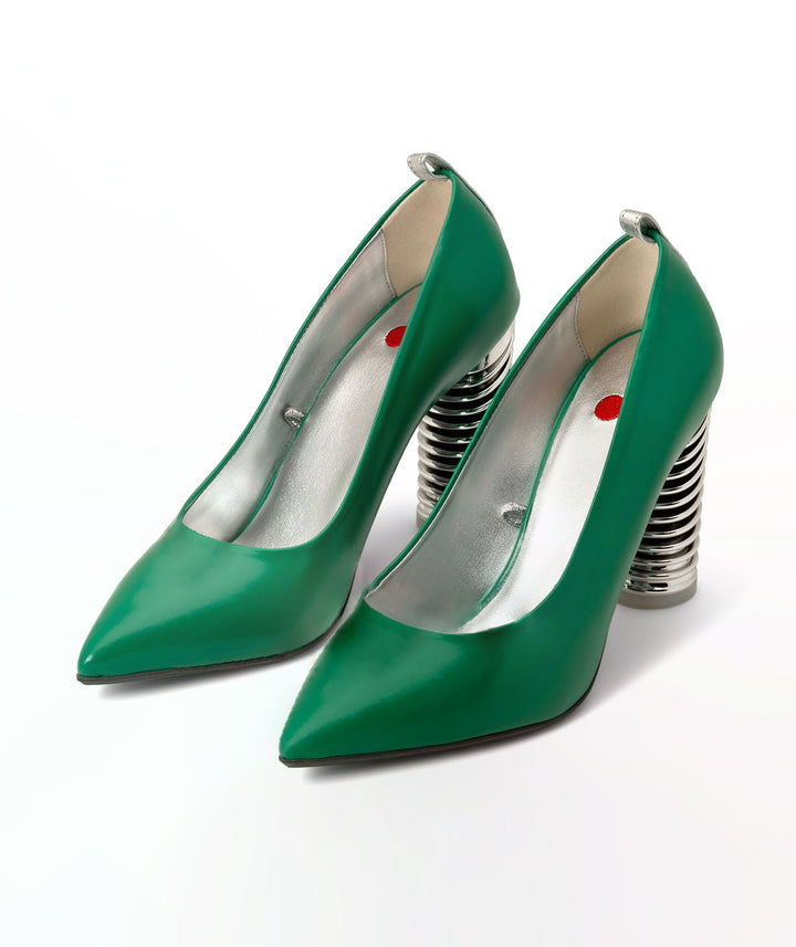 Push Up Pumps Shamrock Mint made from Recycled Leather on a Silver Swirl Cone à la Topless