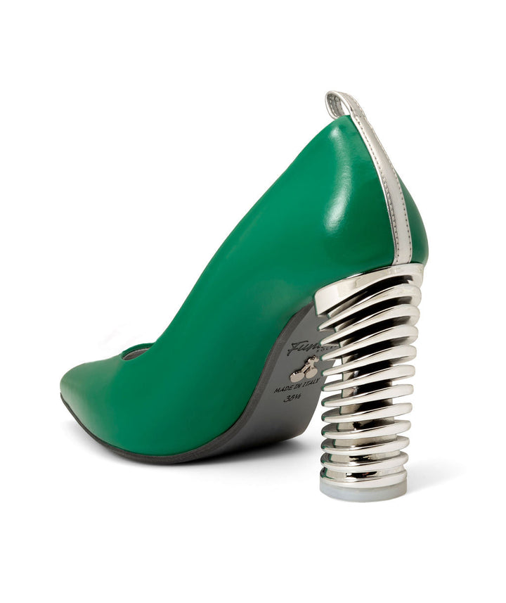 Push Up Pumps Shamrock Mint made from Recycled Leather on a Silver Swirl Cone à la Topless