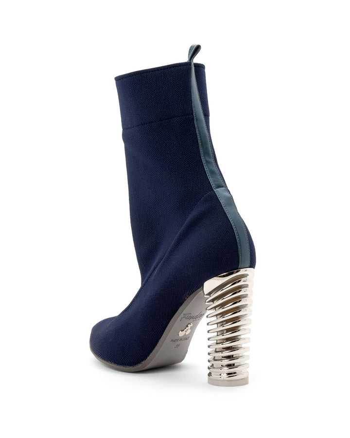 Fold Over Knit Boots Blueberry made from Recycled Water Bottles on a Silver Swirl Cone