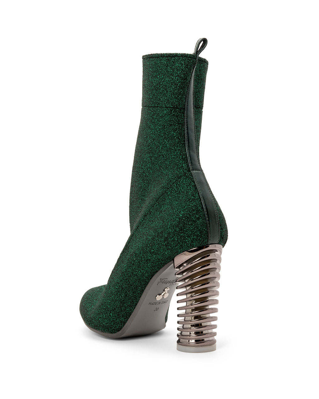 Fold Over Knit Dark Chocolate Mint Boots made from Recycled Lurex on a Charcoal Swirl Cone