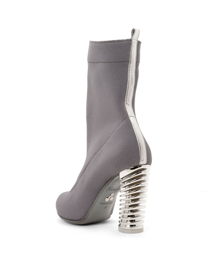 Fold Over Knit Boots Earl Grey made from Recycled Water Bottles on a Silver Swirl Cone