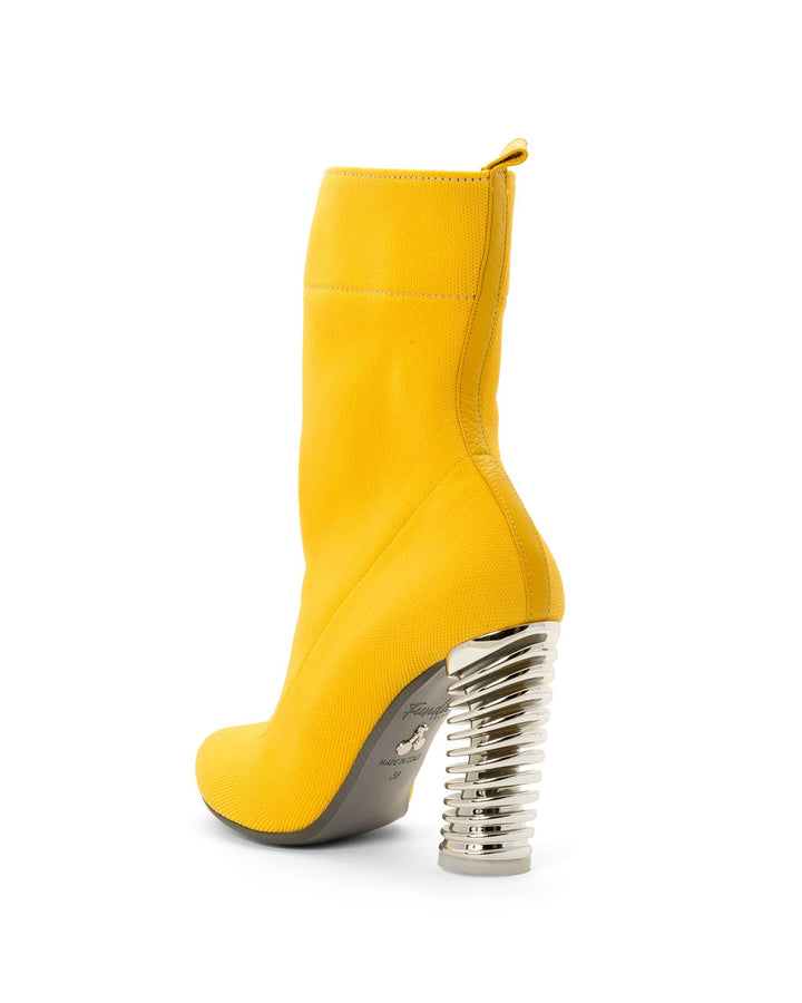 Fold Over Knit Boots Banana made from Recycled Water Bottles on a Silver Swirl Cone