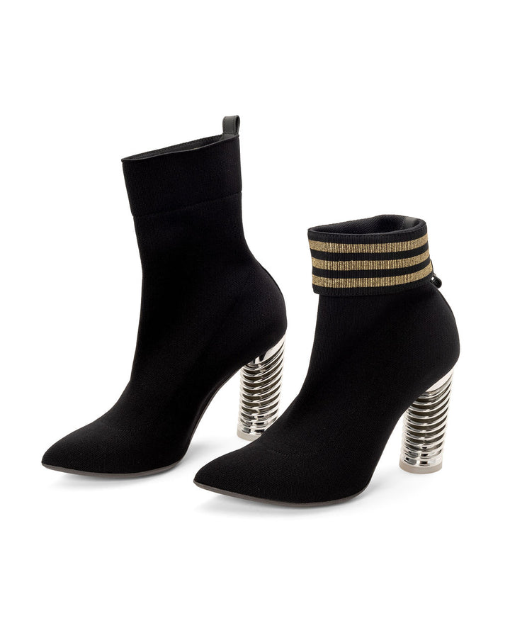 Fold Over Knit Boots Licorice made from Recycled Water Bottles on a Silver Swirl Cone