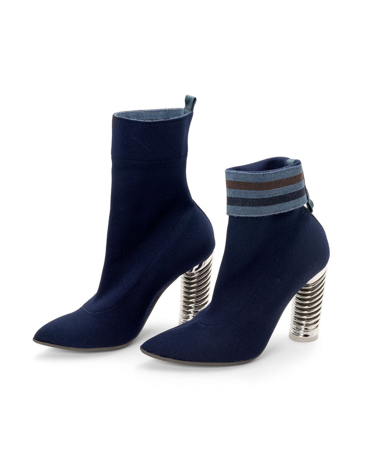 Fold Over Knit Boots Blueberry made from Recycled Water Bottles on a Silver Swirl Cone