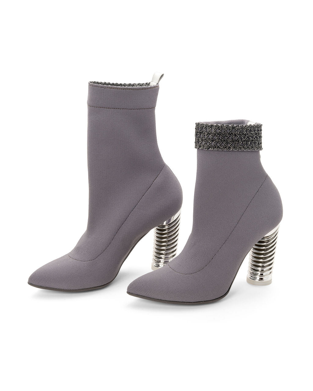 Fold Over Knit Boots Earl Grey made from Recycled Water Bottles on a Silver Swirl Cone