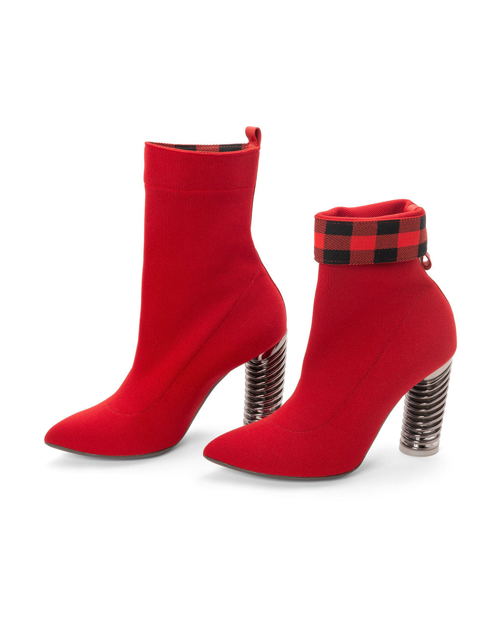 Fold Over Knit Cherry Boots made from Recycled Water Bottles on a Charcoal Swirl Cone