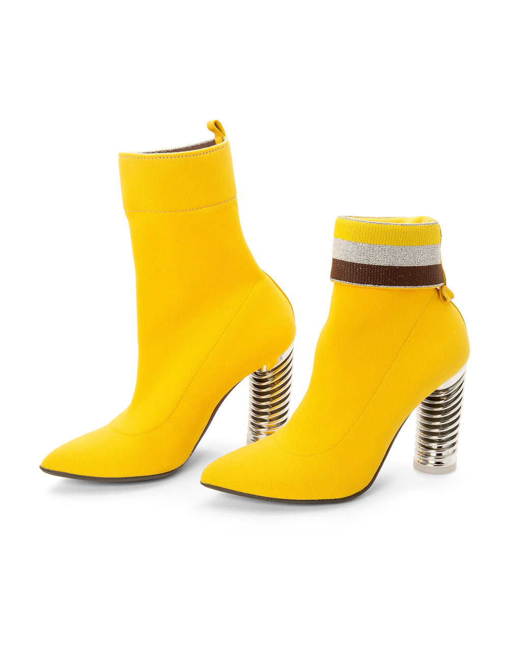Fold Over Knit Boots Banana made from Recycled Water Bottles on a Silver Swirl Cone