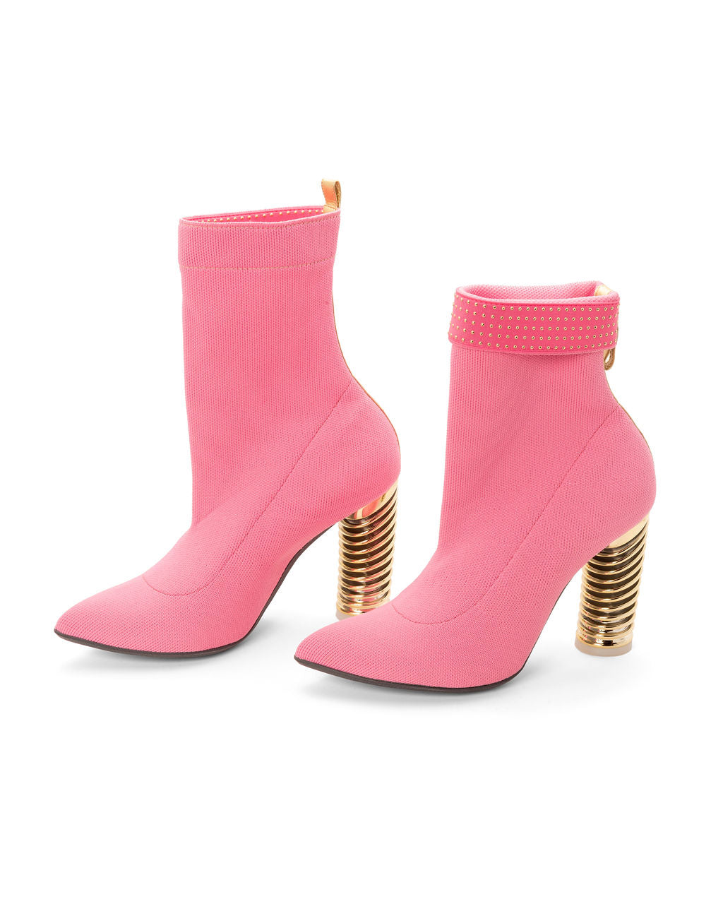 Fold Over Knit Boots Bubblegum made from Recycled Water Bottles on a Gold Swirl Cone