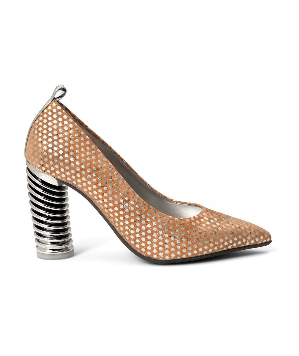Sugar Chips — Natural w/ Silver Dots
 Pumps on a Swirl Cone heel