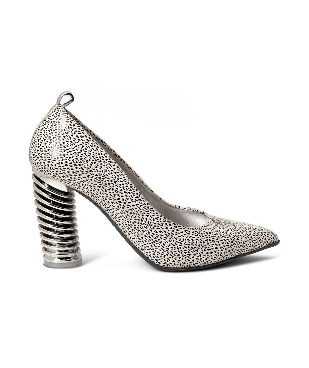 Chocolate Chip — White w/ Black Dots
 Pumps on a Swirl Cone heel