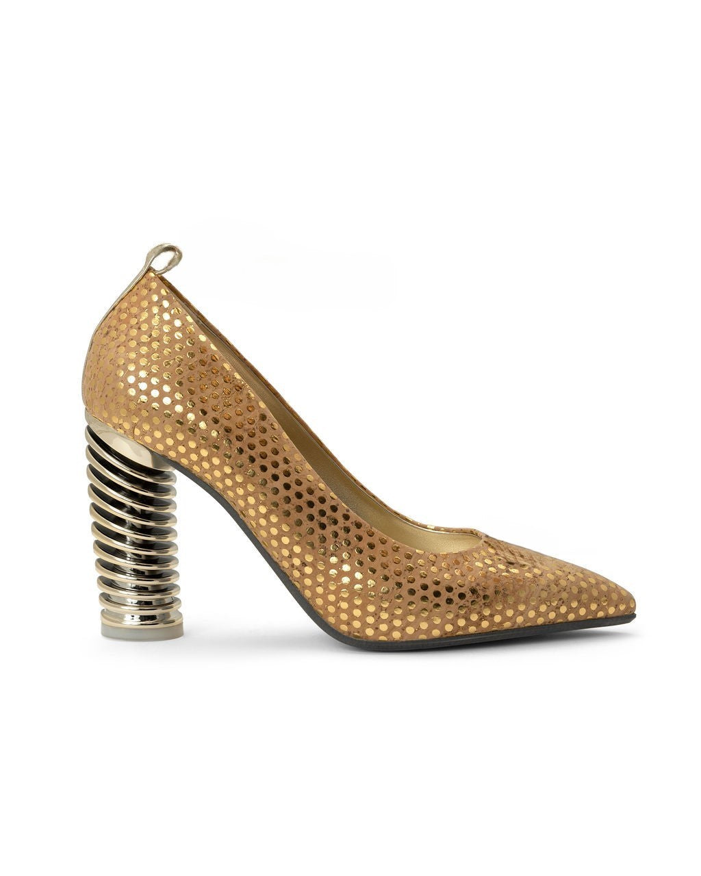 Caramel Chips — Natural w/ Gold Dots
 Pumps on a Swirl Cone heel