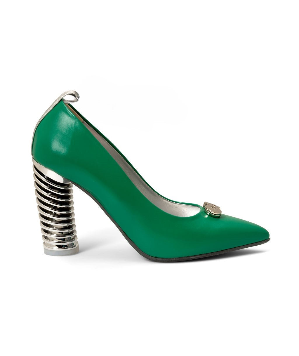 Push Up Pump Shamrock Mint made from Recycled Leather on a Silver Swirl Cone à la Magnetic