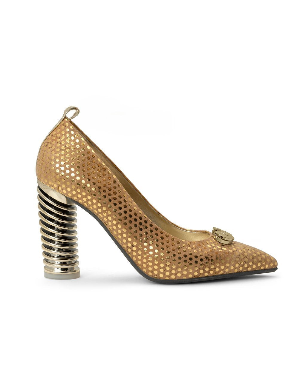 Caramel Chips — Natural w/ Gold Dots
 Pumps on a Swirl Cone heel