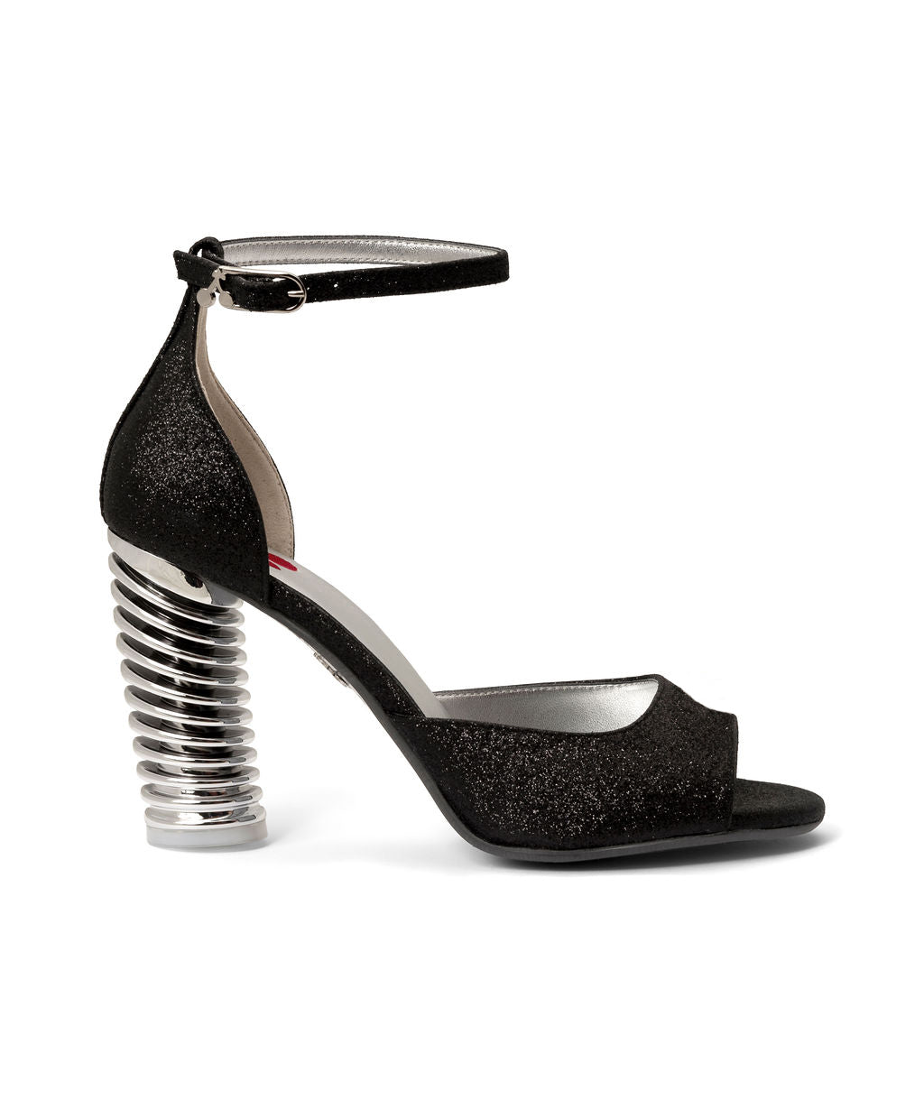 Licorice Sugar — Black w/ Glitter
 Sandals on a Swirl Cone heel