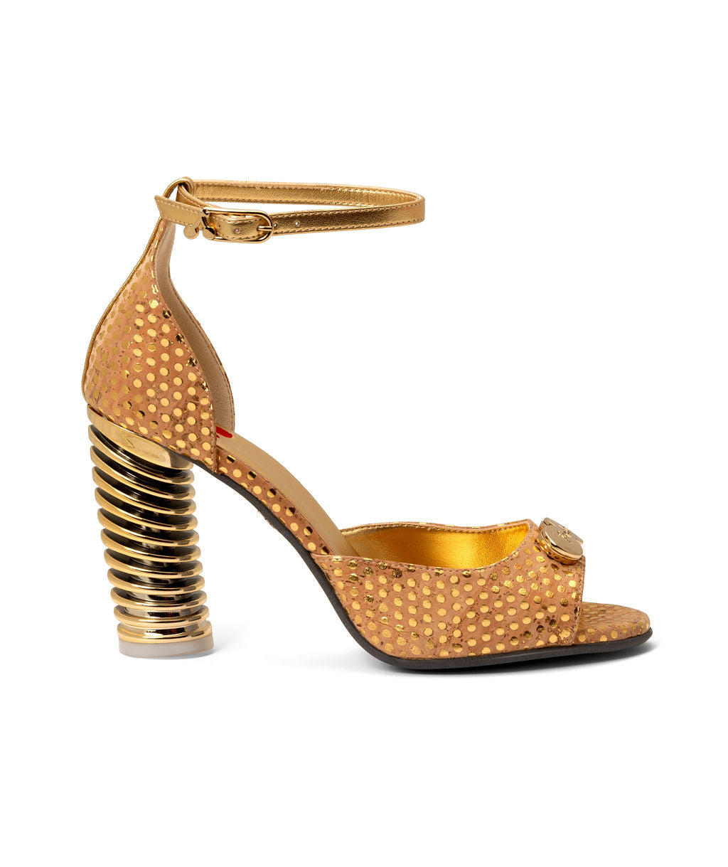 Caramel Chips — Natural w/ Gold Dots
 Sandals on a Swirl Cone heel