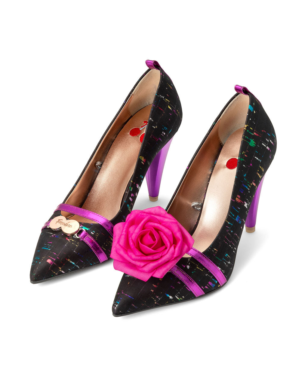 Parfait Pumps Rainbow Licorice made from Cork on a Fuchsia Sugar Cone à la Magnetic