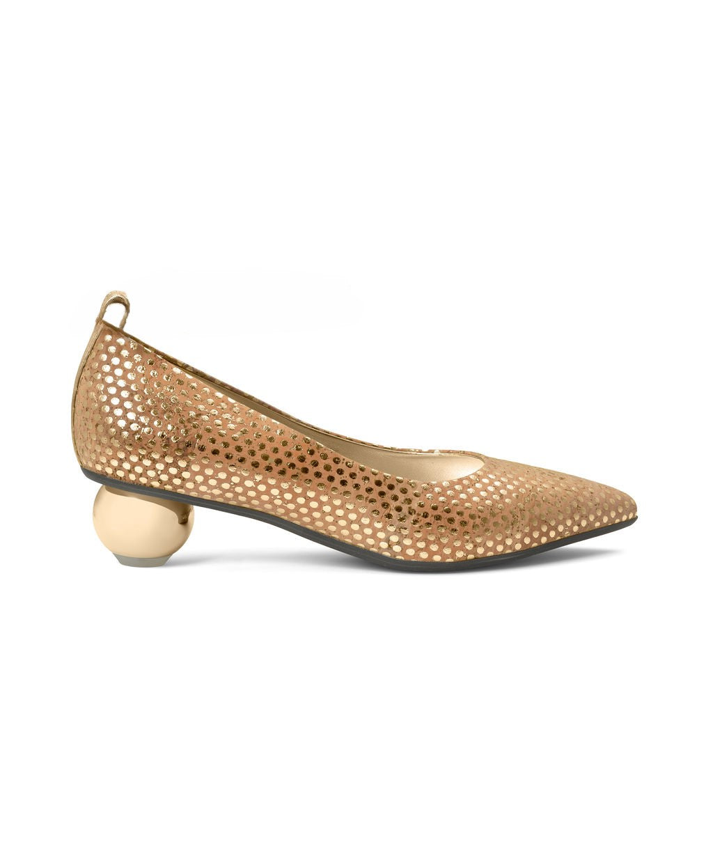 Caramel Chips — Natural w/ Gold Dots
 Flats on a Cherry Cone heel