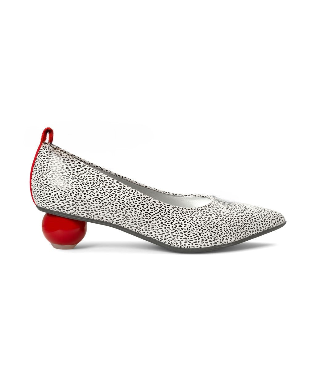 Chocolate Chip — White w/ Black Dots
 Flats on a Cherry Cone heel