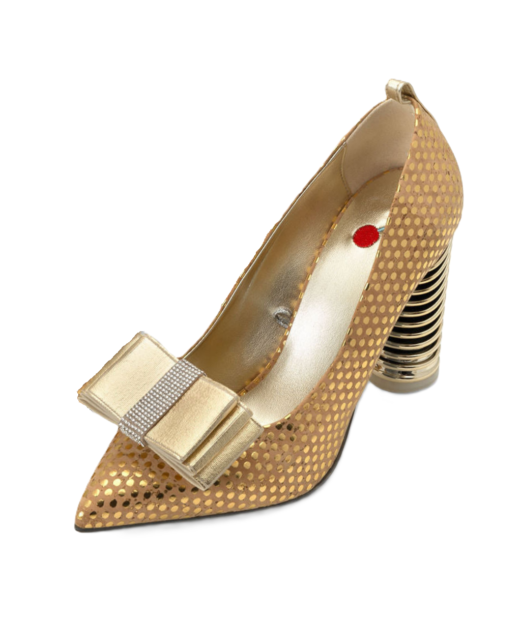 Caramel Chips — Natural w/ Gold Dots
 Pumps on a Swirl Cone heel