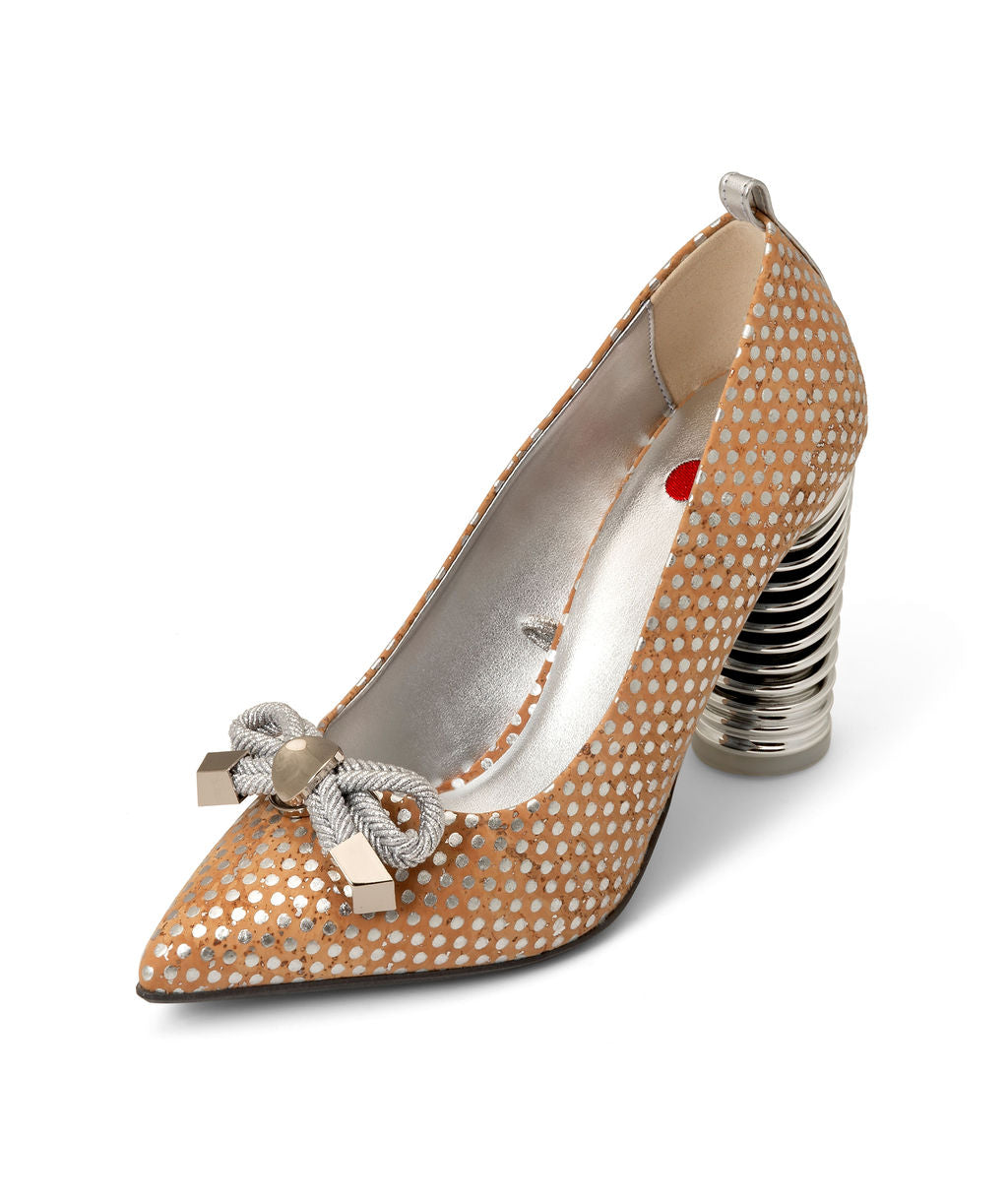 Sugar Chips — Natural w/ Silver Dots
 Pumps on a Swirl Cone heel