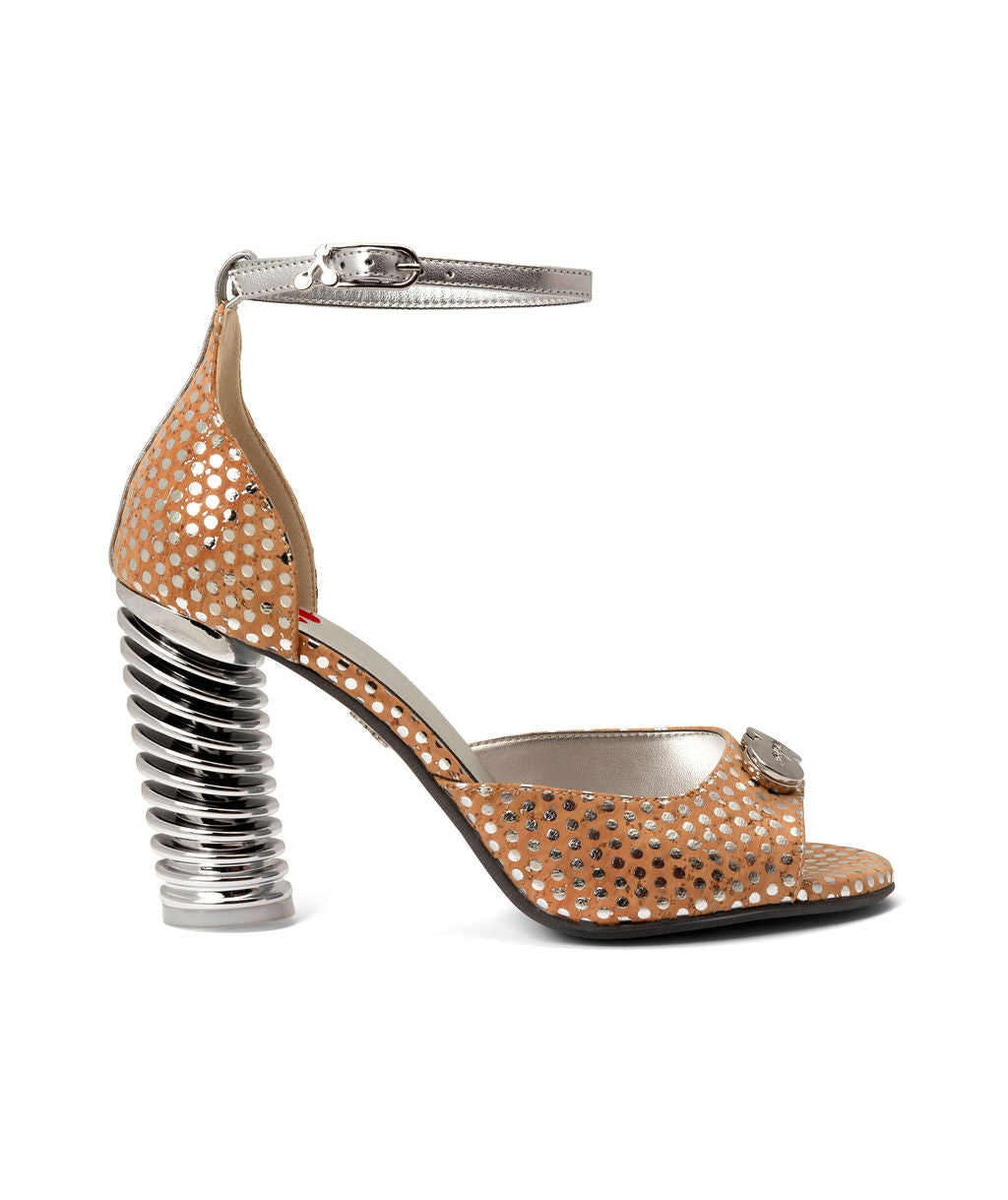 Sugar Chips — Natural w/ Silver Dots
 Sandals on a Swirl Cone heel
