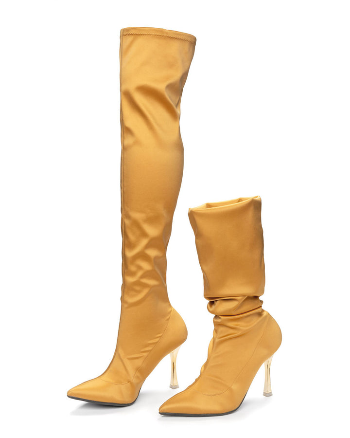 Above the Knee Boots Butterscotch made from Recycled Water Bottles on a Stroon