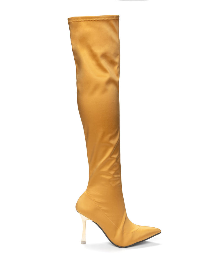 Above the Knee Boots Butterscotch made from Recycled Water Bottles on a Stroon